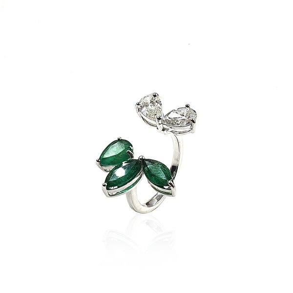 Bloom Lily Ring in Marquise Emeralds and Pear Diamond