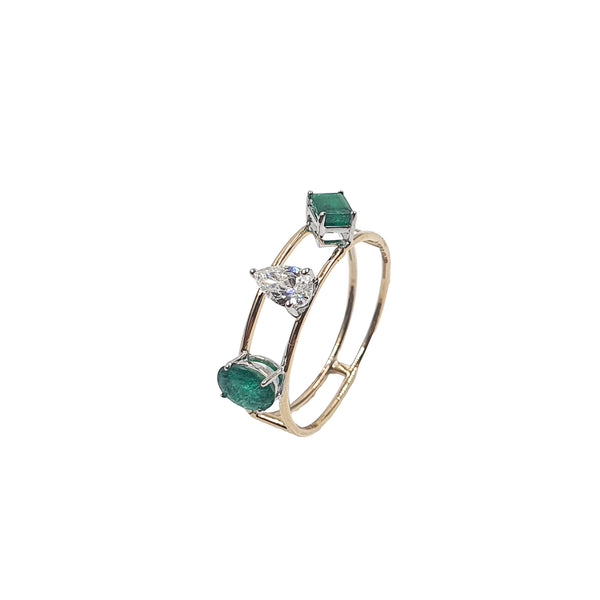 Escape Double Cord Mix Shape Emerald Ring