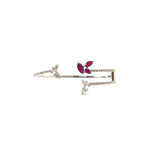 Bloom Contemporary Centre Open Diamond Bracelet with Diamond and Ruby Leaves