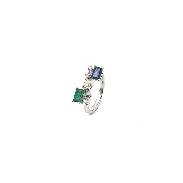 Bloom Diamond Ring with Emerald cut Emerald and Blue Sapphire