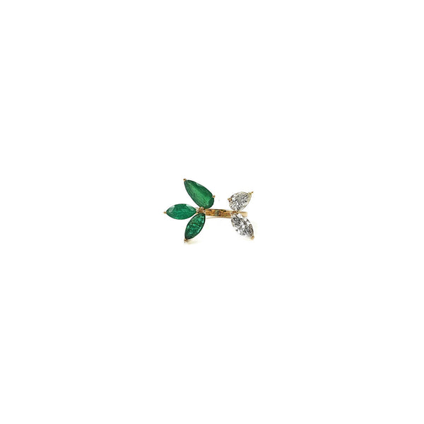 Bloom Lily Ring in Marquise Emeralds and Diamond Solitaires