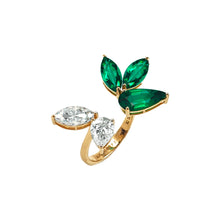 Load image into Gallery viewer, Bloom Lily Ring in Marquise Emeralds and Diamond Solitaires
