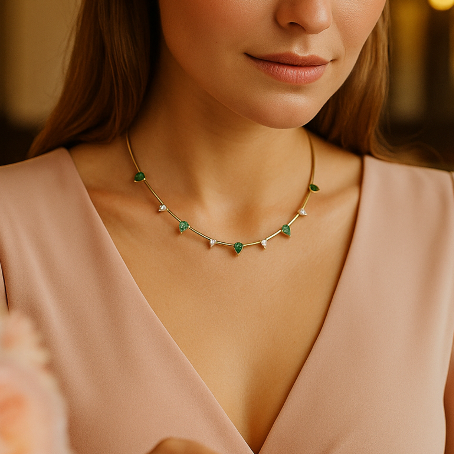 Petal Collar Neckband - Emeralds and Diamonds