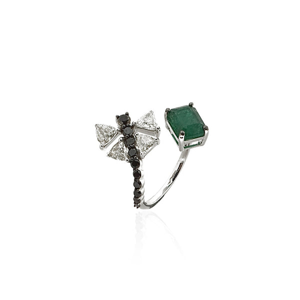 Bloom Dragonfly Ring with Emerald in Black Diamond