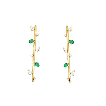 Load image into Gallery viewer, Leafy Diamond Huggies Hoops Earring, Round and pear Diamond Huggies, Yellow Gold Earring, Emerald Huggies, Emerald Stone
