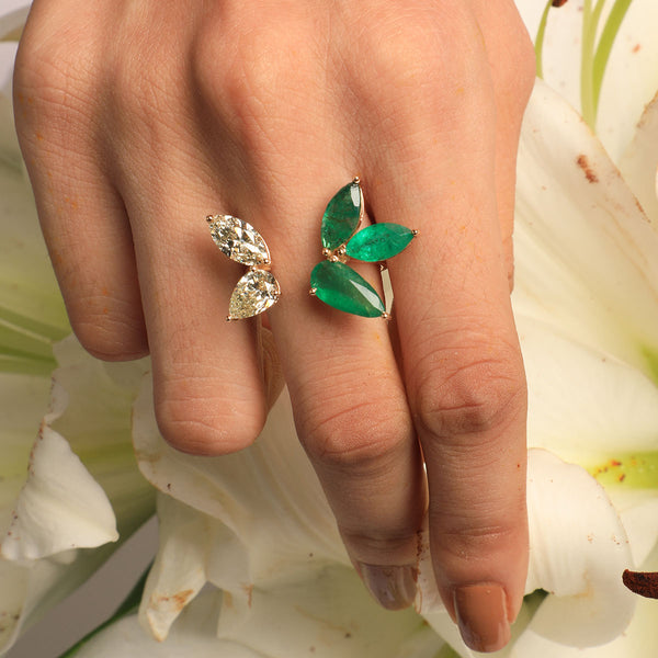 Bloom Lily Ring in Marquise Emeralds and Diamond Solitaires