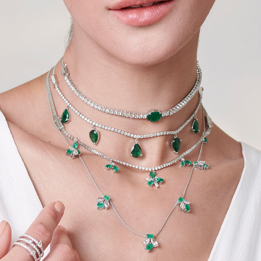 Bloom Diamond Choker cum Bracelet with Dangling Emeralds