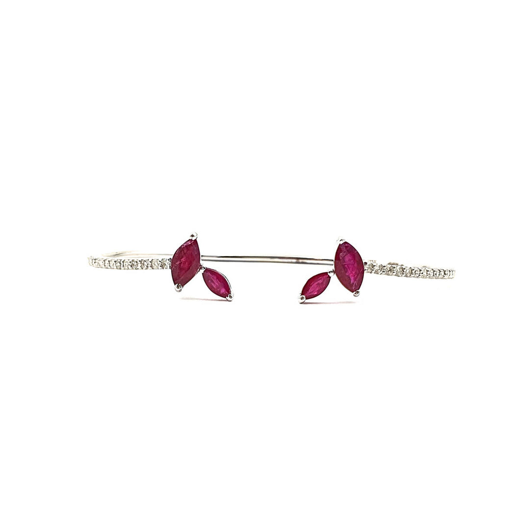 Bloom Contemporary Centre Open Diamond Bracelet with Ruby Leaves