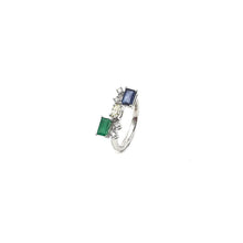 Load image into Gallery viewer, Bloom Diamond Ring with Emerald cut Emerald and Blue Sapphire
