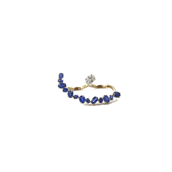 Bloom Grapevine Two Finger Ring in Blue Sapphires and Oval Solitaire
