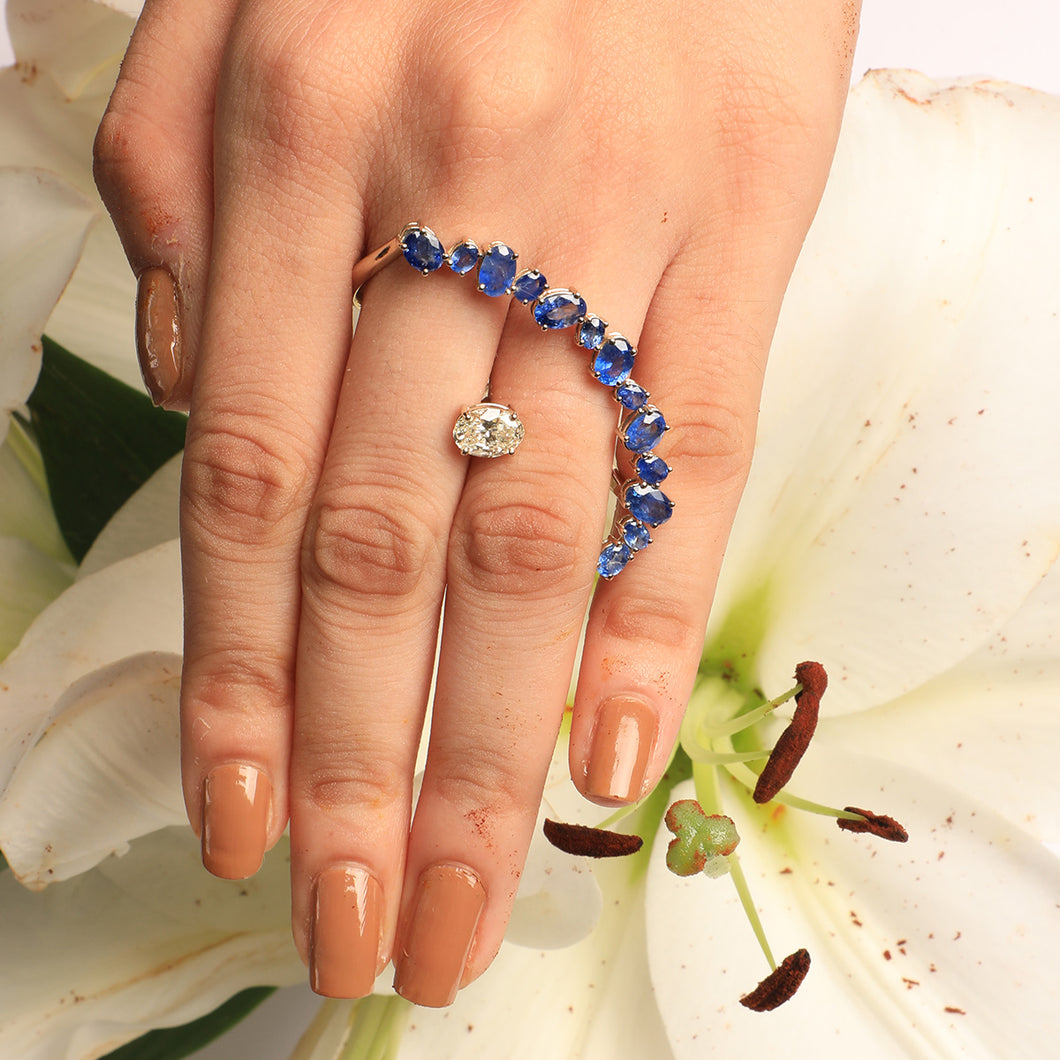 Bloom Grapevine Two Finger Ring in Blue Sapphires and Oval Solitaire