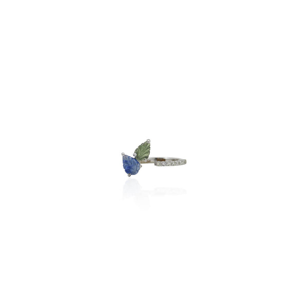 Carved Bloom ring in leafy blue and green sapphires