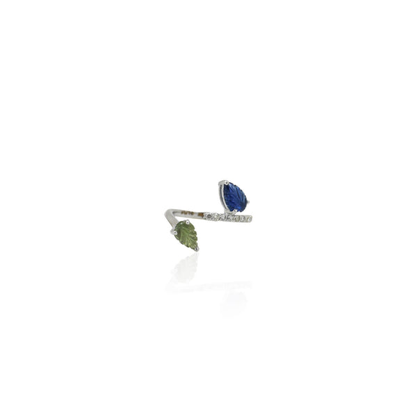 Carved Bloom ring in blue and green sapphire leaves