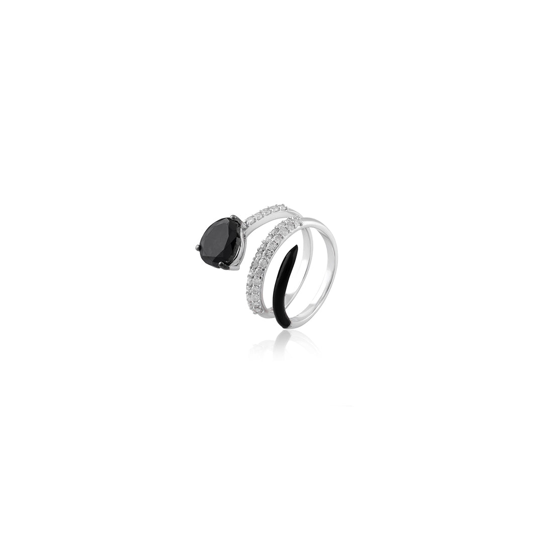 Yin & Yang Spiral Ring with Pear Shape Black Diamond