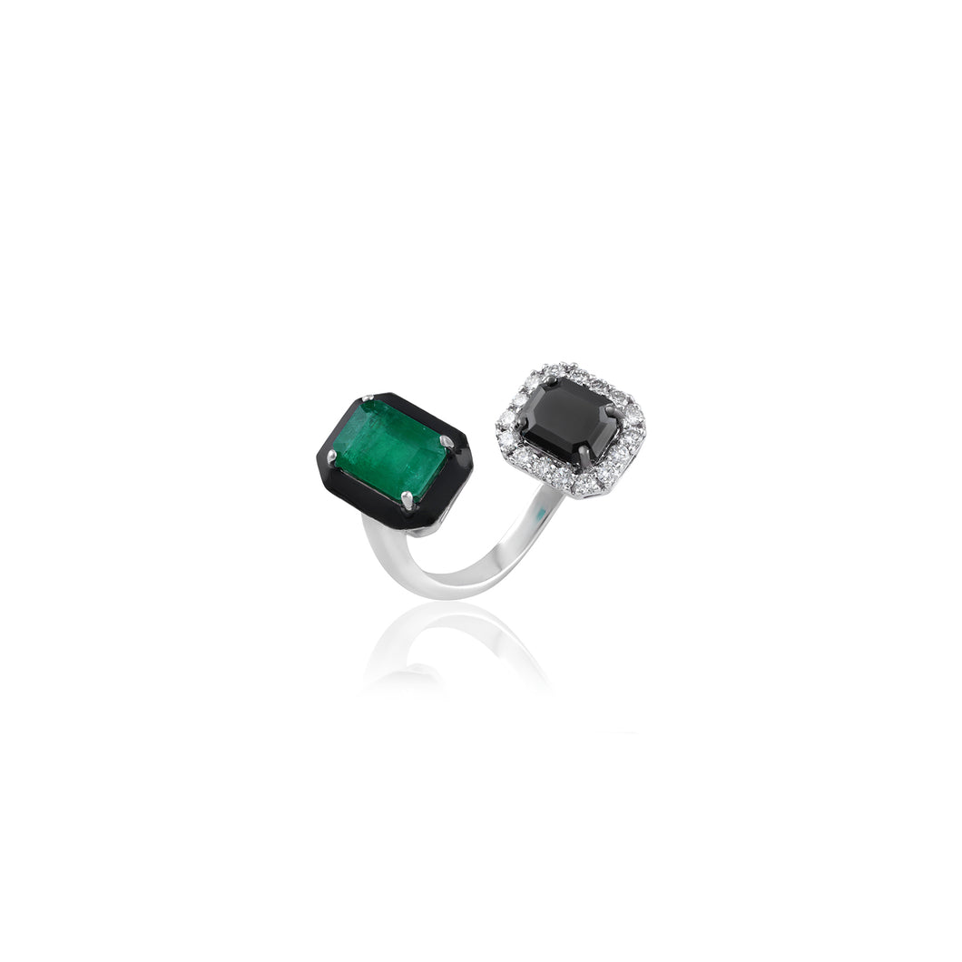 Yin & Yang Ring with Emerald and Black Diamond