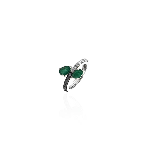 Yin & Yang Diamond Ring with Dual Pear Shape Emerald