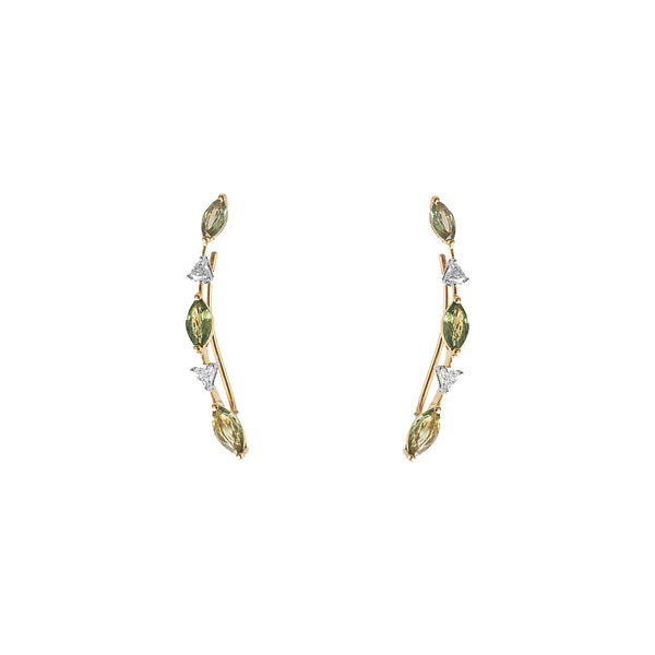 Bloom Grapevine Ear Sliders in green sapphires and trillion diamonds