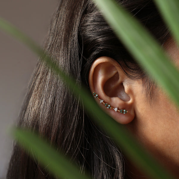 Bloom Grapevine Ear Sliders in green sapphires and trillion diamonds