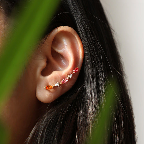 Bloom Grapevine Ear Sliders in warm toned sapphires and trillion diamonds