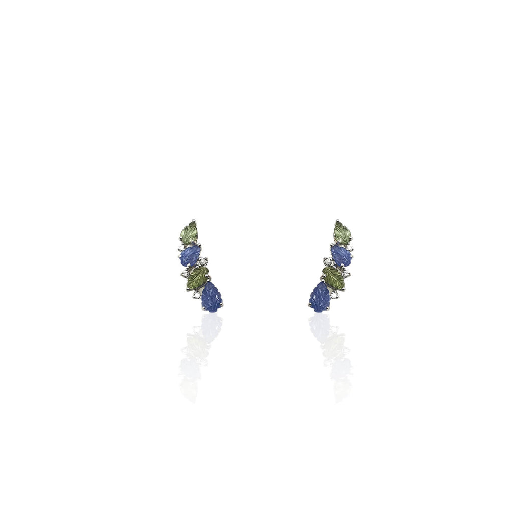 Carved Bloom Vine Ear Sliders in Blue and Green Sapphire leaves