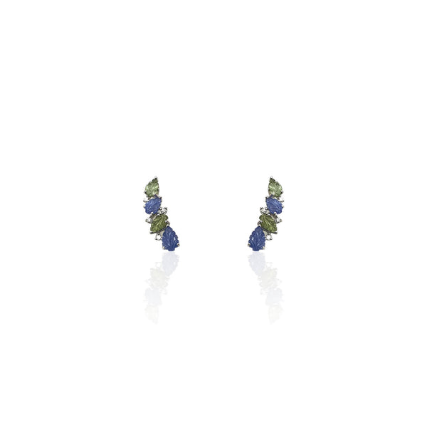 Carved Bloom Vine Ear Sliders in Blue and Green Sapphire leaves