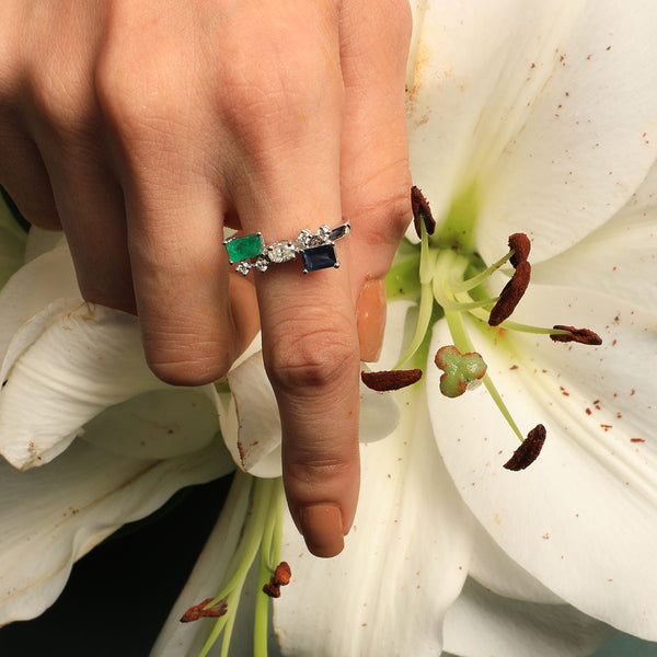 Bloom Diamond Ring with Emerald cut Emerald and Blue Sapphire
